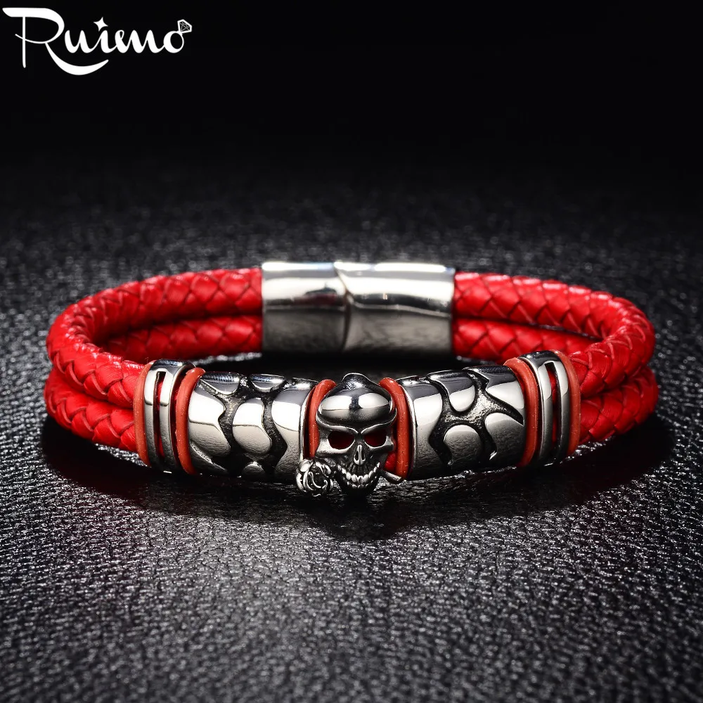 Мужской браслет RUIMO из нержавеющей стали 316L головы черепа двойной плетеный
