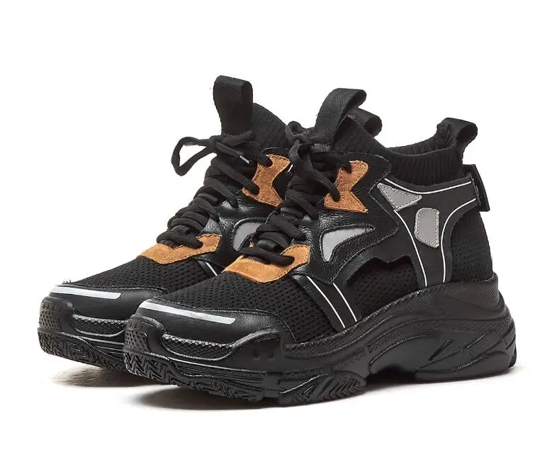 Черный Buono Scarpe/Новинка года; высокие женские кроссовки в стиле пэчворк; дамские носки; обувь на толстой платформе; женская обувь на толстой резиновой подошве; сезон лето - Цвет: Черный