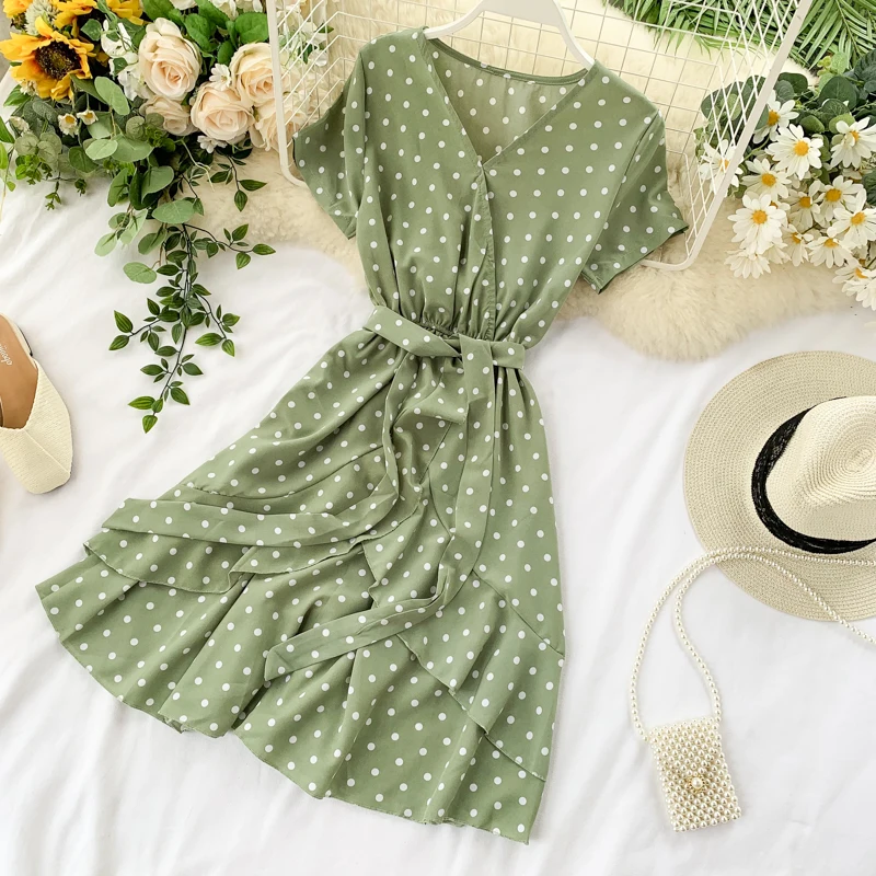 Vintage Polka Dot Print V Neck Ruffles Short Bandage Dress Chiffon Summer Party Women Casual High Waist Beach Dresses