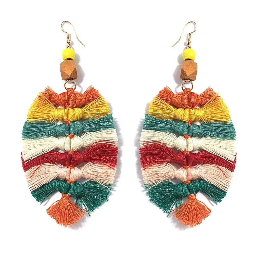 Multicolor MANILAI, ручная работа, серьги с кисточками для женщин, богемный стиль, большой лист, хлопок, нить, бахрома, дерево, бусины, свисающие, массивные серьги, ювелирное изделие - Окраска металла: Multicolor