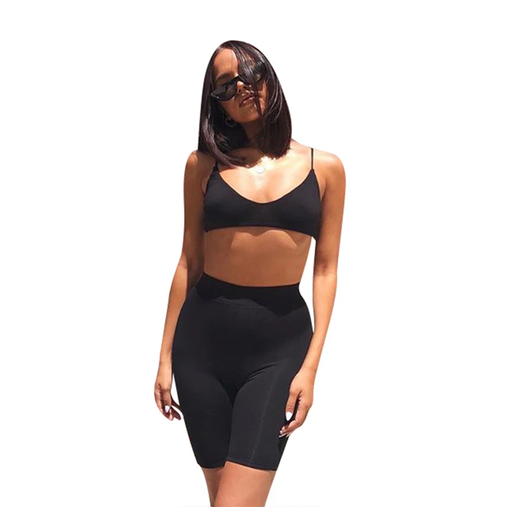 

Sexy SolidSpaghetti StrapTwo Piece Set Sleeveless Backless Crop Top And High Waist Shinny Shorts Clubwear Tracksuits For Women