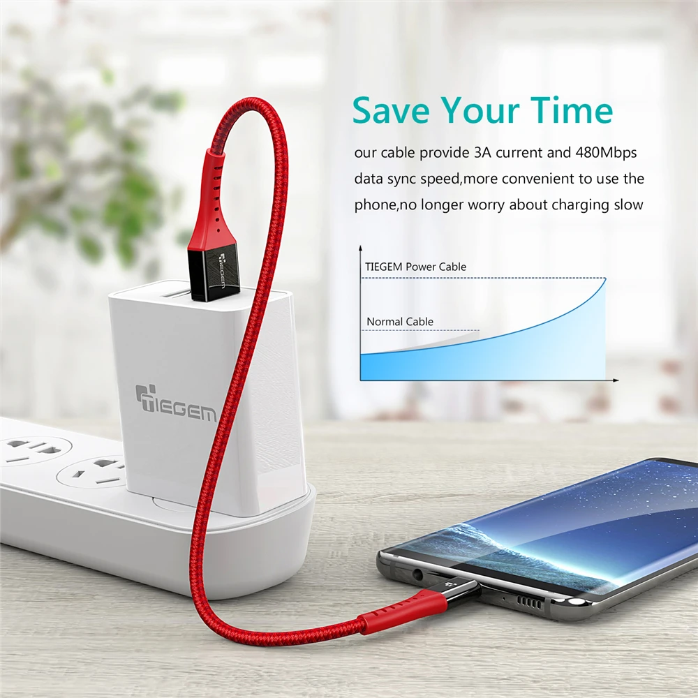 Кабель USB Type C TIEGEM для One Plus 6 5t быстрая зарядка QC3.0 зарядный кабель Samsung Galaxy S9 S8