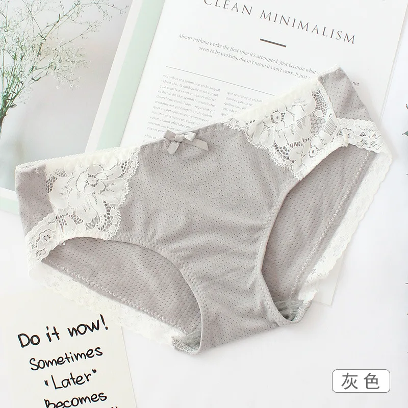 Roseheart Women Fashion Pink Gray Cotton Lace Bow Low Waist Panties Underwear Lingerie Briefs 3 Piece Color Plus Size | Женская одежда