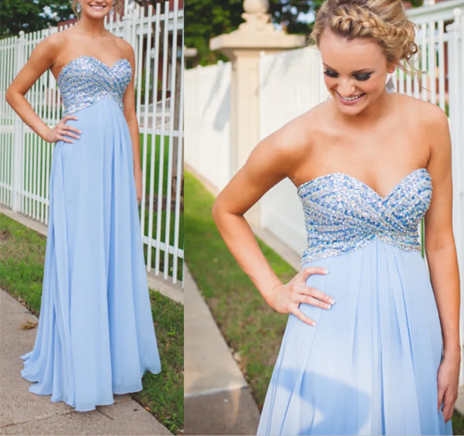 Империи Талии Милая Шифон Кристалл Line Длинные Светло Синий Пром Платья|prom dresses|dress