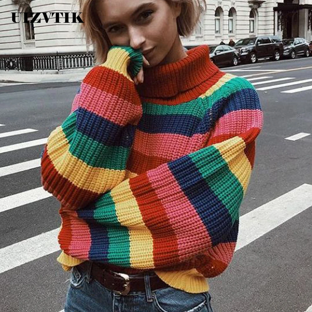 Casual Loose Autumn Winter Turtleneck Sweater Women Oversize Rainbow Striped Knitted Sweaters Warm Long Sleeve Pullover Sweater