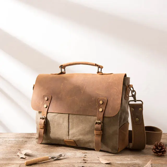 Vintage Leather + Canvas men briefcase Business bag Portfolio men office bag male canvas briefcase attache case document tote