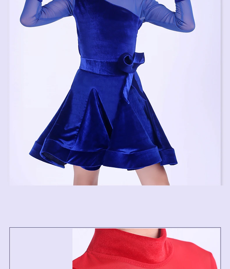 Kids Latin Dance Costume Long Sleeve Blue/Red Latin Practice Clothing Latin Competition Dresses Rumba/Tango Outfit DQL1323