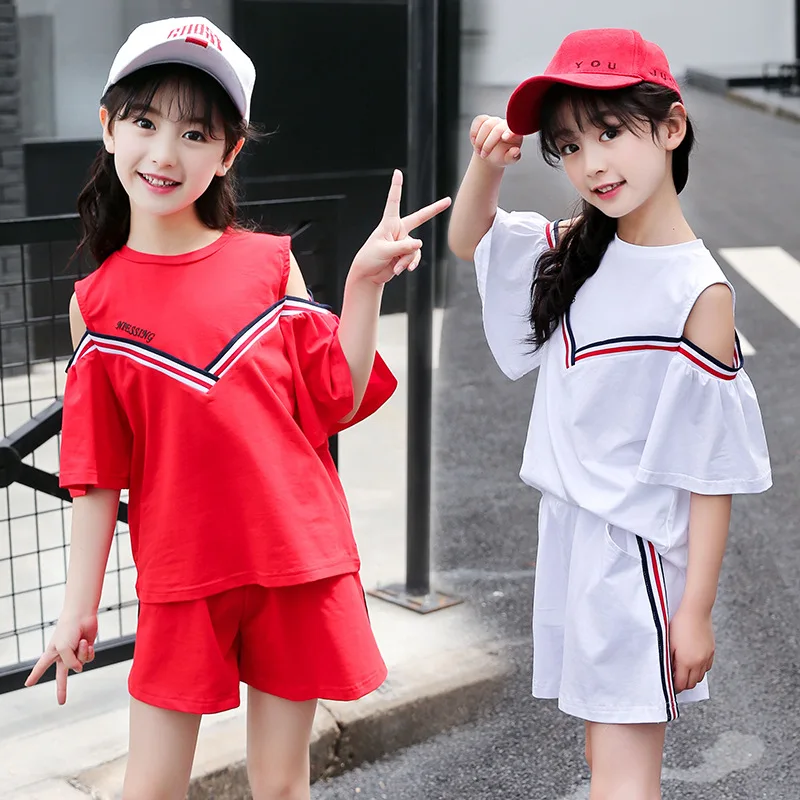 Girls Summer Children's Fashion Sports Suits Teenage Clothing Set Cotton Short Sleeve Shorts Two-piece Tracksuit 4-13Years | Детская