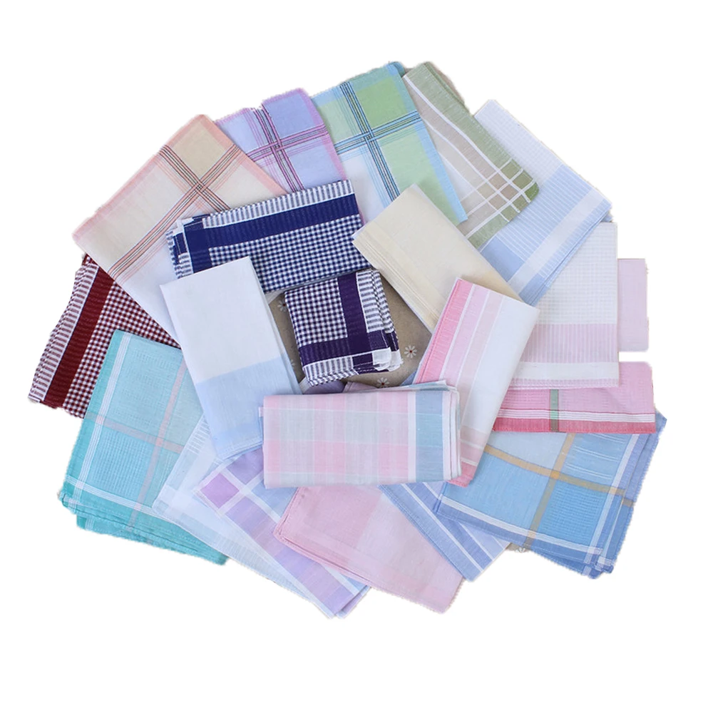 

5 10Pcs Striped Plaid Handkerchief Cotton Printing Hanky Men's Business Pocket Square Towel 29*29CM Wedding Hankies10