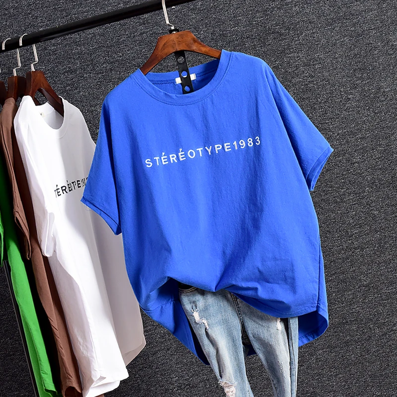 Хлопковая летняя повседневная трикотажная свободная футболка с коротким