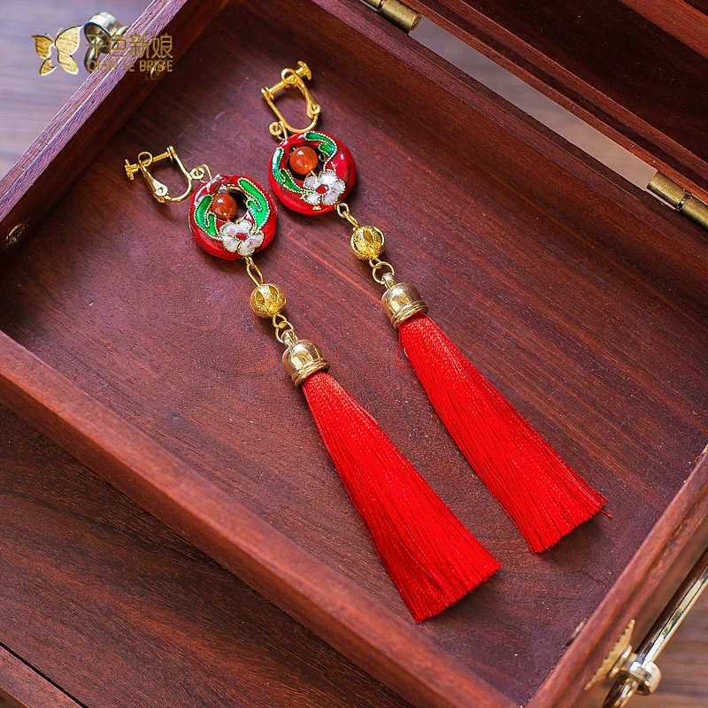 Long women earrings tassel gorgeous chinese style clip earring wedding party pendant girl festival decoration qx025 | Украшения и