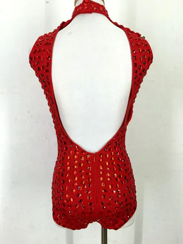 Черная кожа и красные стразы боди Женский певец DS танец сценический костюм