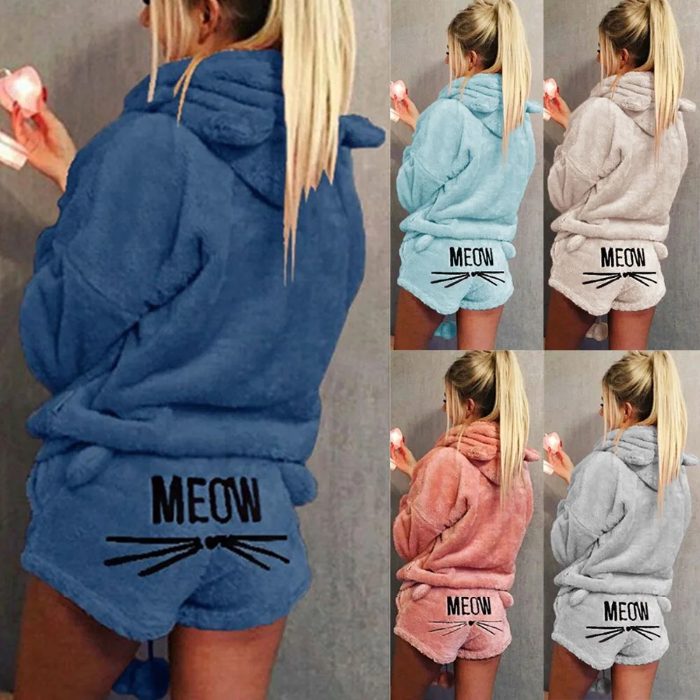 2 шт. женские пижамы с котом теплый комплект мягкий халат милые шорты зимняя
