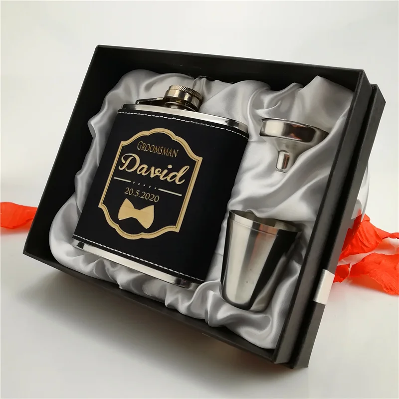 gift box JHHP 6 унций черная кожаная фляжка, фляжка для бедер, Персонализированная Выгравированная, подарок жениху или шаферу, подарок на день рождения - Цвет: gift box