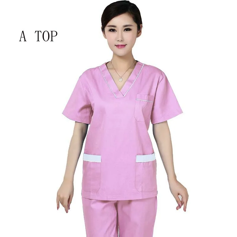 pink top Женская мода на каждый день Топы Цвет блокировка дизайн форменной одежды для Топ с V-образным вырезом медицинская униформа для сотрудниц спа-салонов(только в верхней части - Цвет: pink top