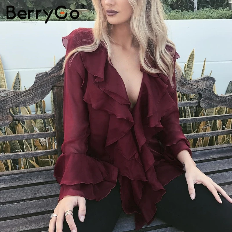 BerryGo сексуальная шифоновая блузка с v образным вырезом и рюшами рубашка Осень