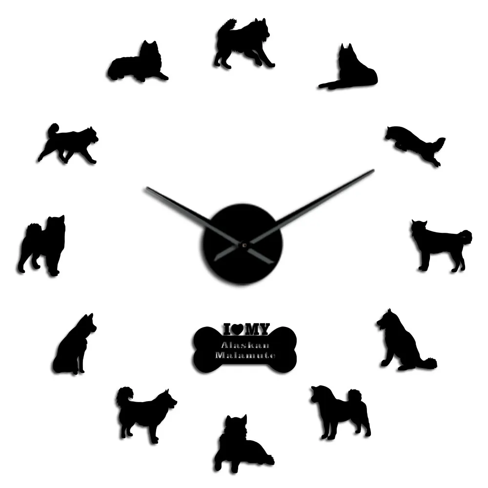 Black Alaskan Malamute длинные руки большие настенные часы Mally Puppy Dogs Postures украшение на стену часы бескаркасные настенные часы-украшение - Цвет: Black