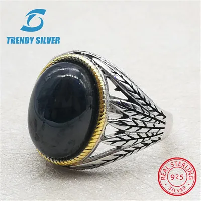 black onyx(gold rim) Серебро 925 ювелирных украшений мужские кольца мужские аксессуары Бирюзовый Камень Природный Оникс Агат модное серебристое - Цвет камня: black onyx(gold rim)
