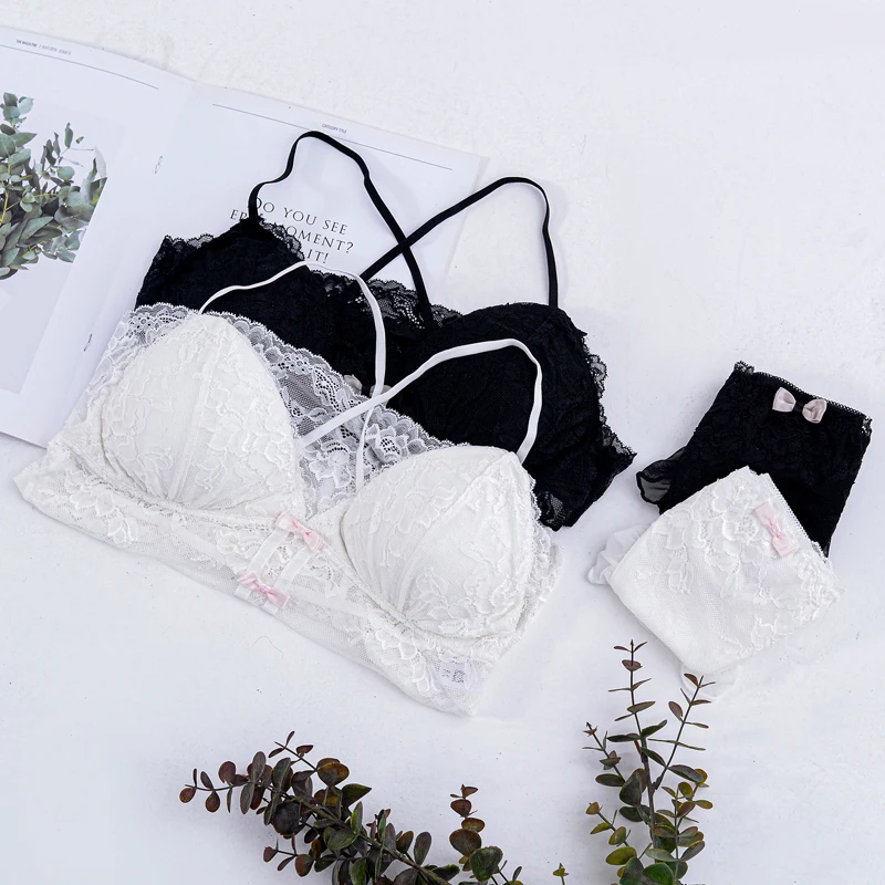 Summer beauty render vest back lace bra female fairy girl underwear set lovely bowknot triangle cup biustonosz brassiere stanik