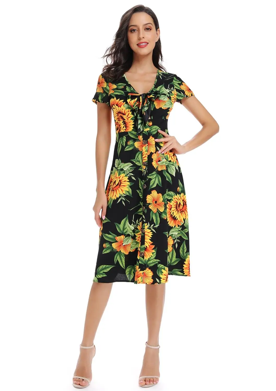 Женское летнее платье до колен с коротким рукавом и цветочным принтом | Женская