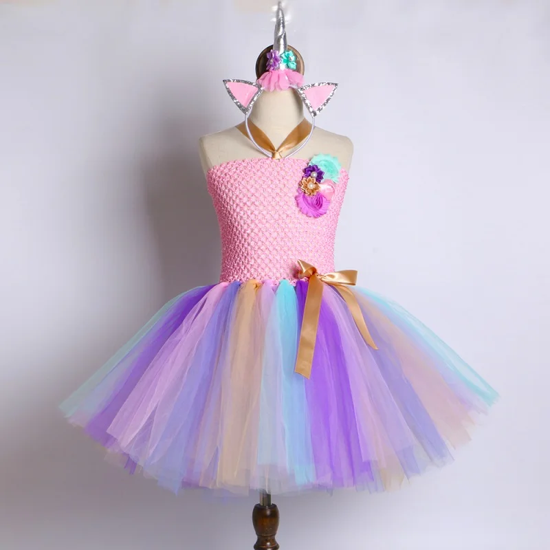 Dress and Headband Детское платье-пачка с единорогом для девочек на Хэллоуин; праздничное платье для дня рождения; Детский костюм принцессы с цветами и радугой; одежда с единорогом - Цвет: Dress and Headband