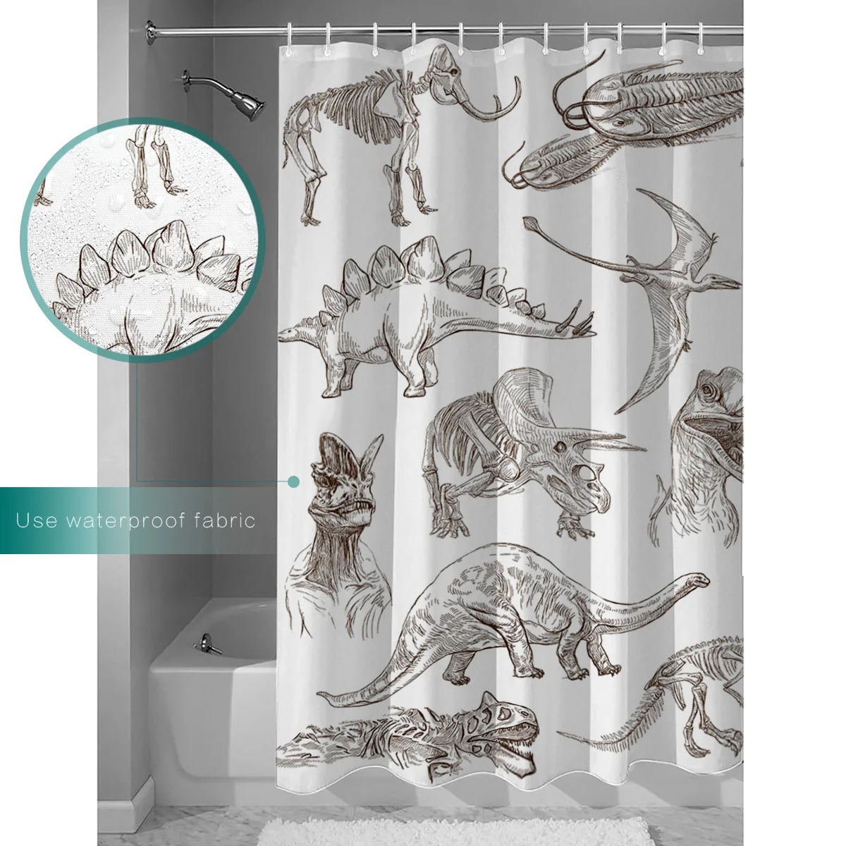 WARMTOUR Shower Curtain Dinosaur Illustrations Cartoon Waterproof Bathroom Decor | Дом и сад