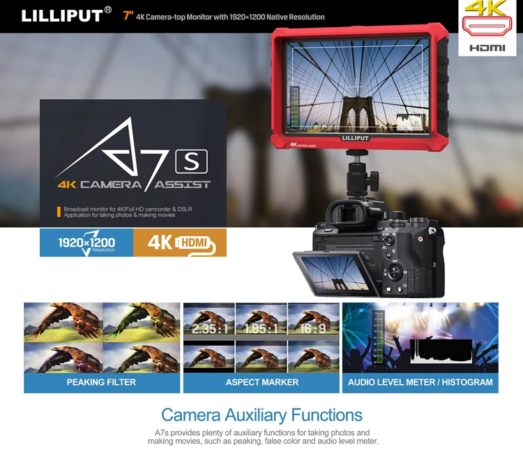 LILLIPUT A7S " ультра тонкий ips Full HD 1920*1200 4K HDMI накамерный видео полевой монитор для Canon Nikon sony DSLR видеокамера