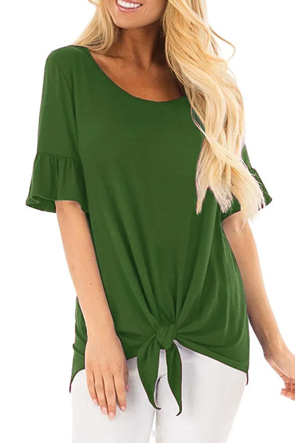 Женские футболки с круглым вырезом и рюшами одноцветные коротким рукавом