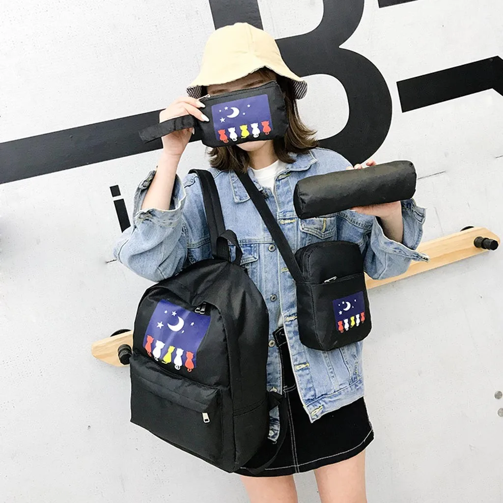 Moon cat Original Design Black Blue Print Sea Backpack WomenCasual Canvas School Bags For Teenager Girls C513 | Багаж и сумки