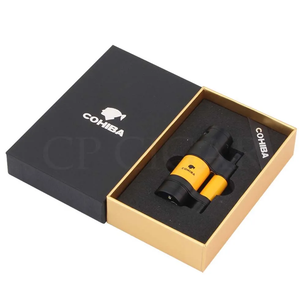 COHIBA 3 факел зажигалки ветрозащитный Карманный металлическая коробка для сигар легче, чем газ-бутан Роскошная Зажигалка для сигаретной сигареты встроенный сигары удар
