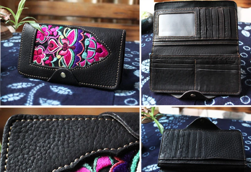 

Newest Original brand design head layer cowhide old embroidered women purse Vintage pure handmade genuine leather wallets