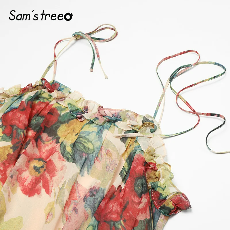 Samstree винтажное женское платье с открытыми плечами и ремнем, элегантное женское платье с цветочным принтом для вечеринки, летнее модное платье с оборками