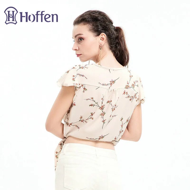 Hoffen Sexy Womens V-neck Chiffon Blouse with Bow Butterfly Sleeve Floral Print Cropped Blouses Shirts Summer Casual Tops Blusas | Женская