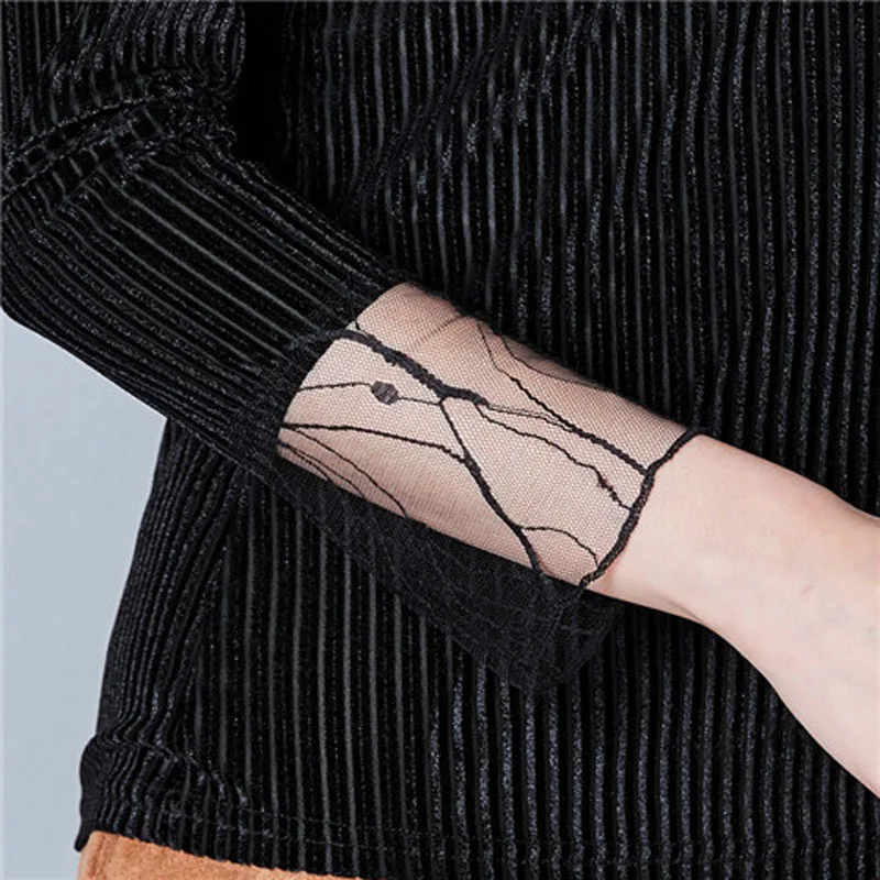 Бархатная футболка с длинными рукавами и кружевным воротником весна 2019 новинка