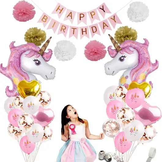 37pcs unicorn set Вечерние украшения в виде единорога из розовой фольги для вечеринки в честь Дня рождения для девочек 18 лет - Цвет: 37pcs unicorn set