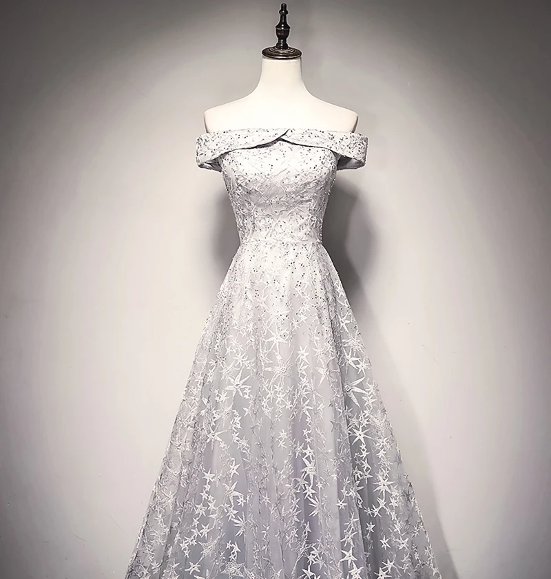 JANCEMBER Grey Star Lace Evening Dress Long Off The Shoulder Floor Length Up Back Elegant Formal robe de soiree | Свадьбы и