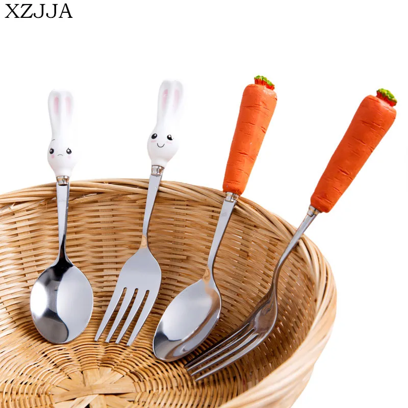 XZJJA 2 шт./компл. креативная вилка с рисунком из мультфильма совки столовая посуда из нержавеющей стали в форме кролика в форме моркови, детские столовые приборы, столовые приборы для западной еды