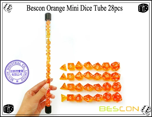 Bescon 28 шт. прозрачный оранжевый мини многогранные кости набор в трубе, Подземелья и Драконы RPG 4X7 шт., мини игральная кость из драгоценного камня набор