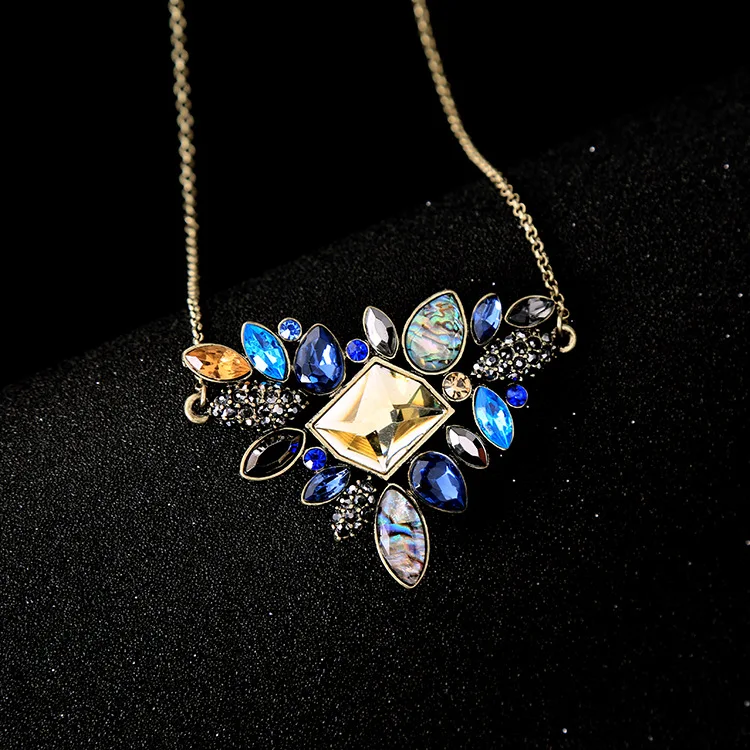 

Fashion metal Rhinestone crystal flowers sweater chain for women Colorful beads blue pendant necklace for girls