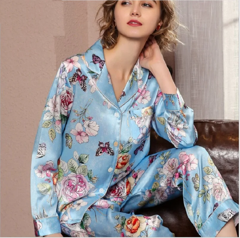 Women Silk Pajamas Set Stain Flower Print Long Sleeve 2019 Summer Spring Silk Home Wear Fashion Pajama Sets Pants Sleepwear XL