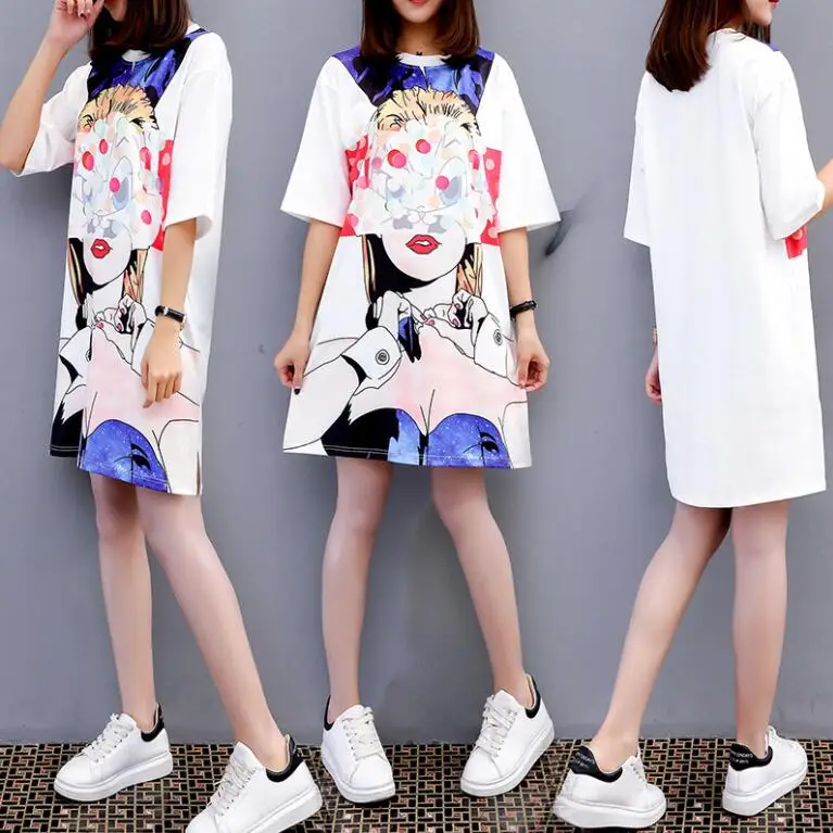 A8 Fashion Summer Oversized Loose Dress Women Plus Size O Neck Half Sleeves Printed Casual T Shirt Dress Streetwear Mini Dress - Цвет: A8