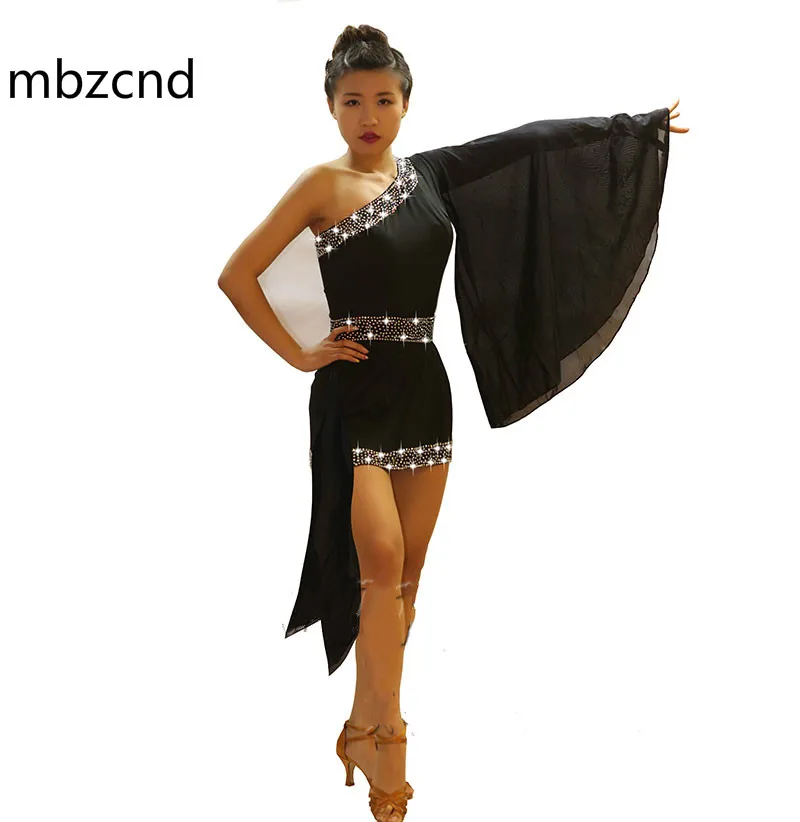 

Женское платье для латиноамериканских танцев, черное блестящее Стразы с наклонным плечом