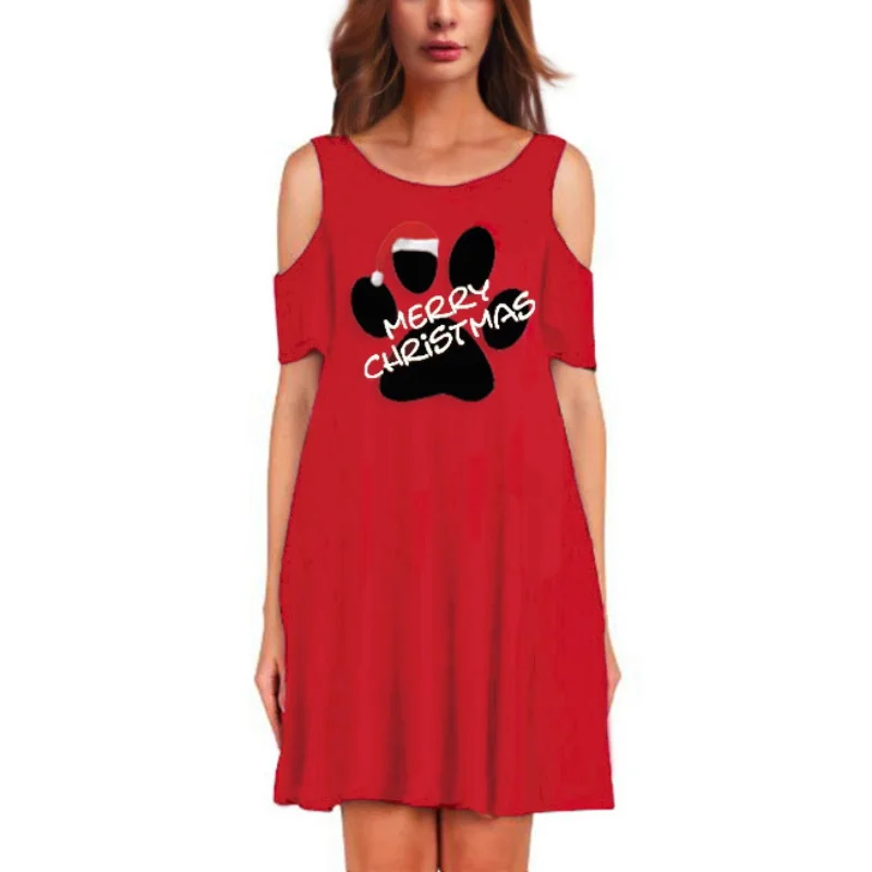 ChristmasFashion 3D Printe Christmas Dresses Women's Clothing New Year Loose Short Sleeve Black Off Shoulder Sexy Mini Dress | Женская
