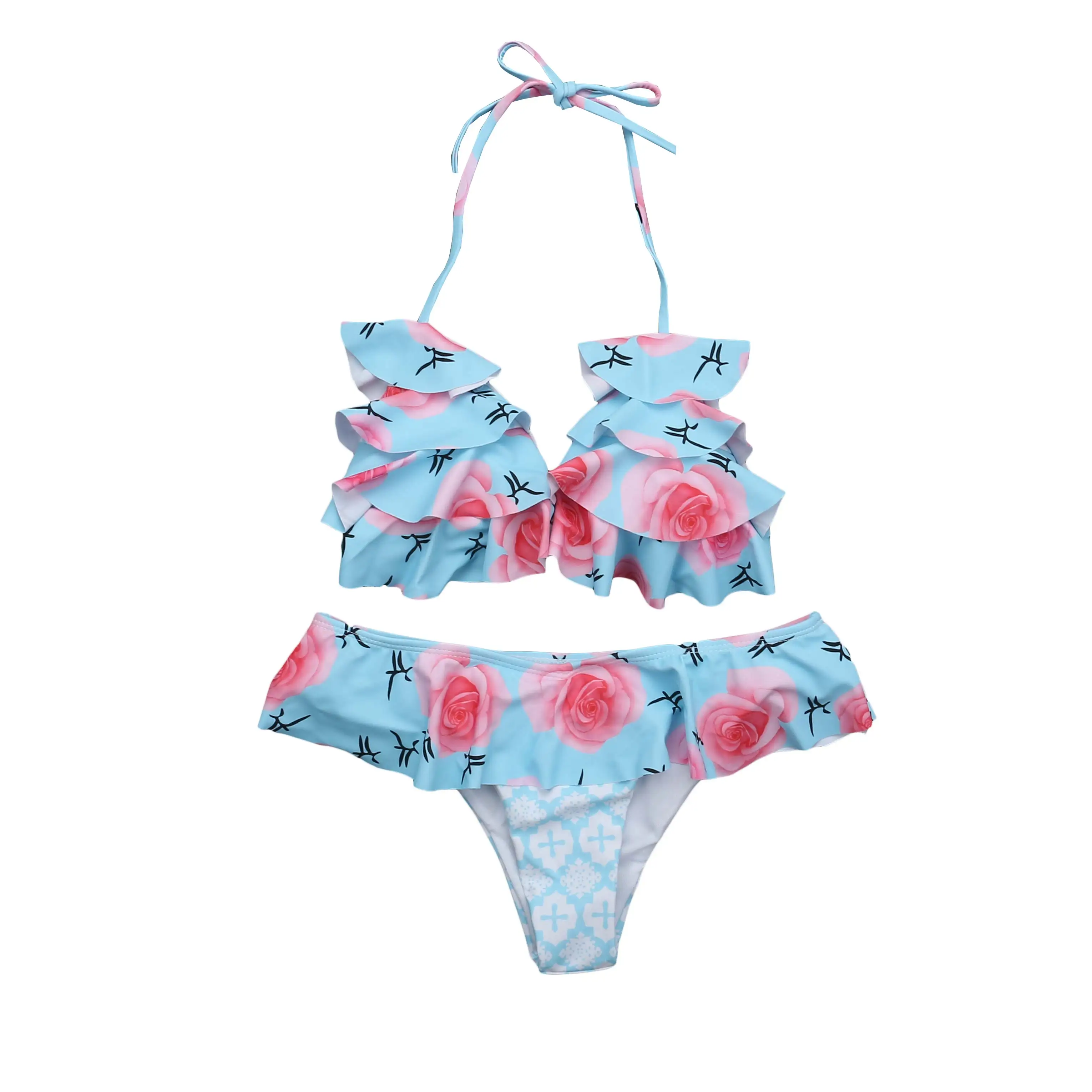 B Light Blue Flower Hirigin набор бикини с оборками и цветами, женский купальник, новинка, сексуальный бандажный бикини с лямкой через шею, купальник для женщин, купальный костюм с пуш-ап подкладкой - Цвет: B Light Blue Flower