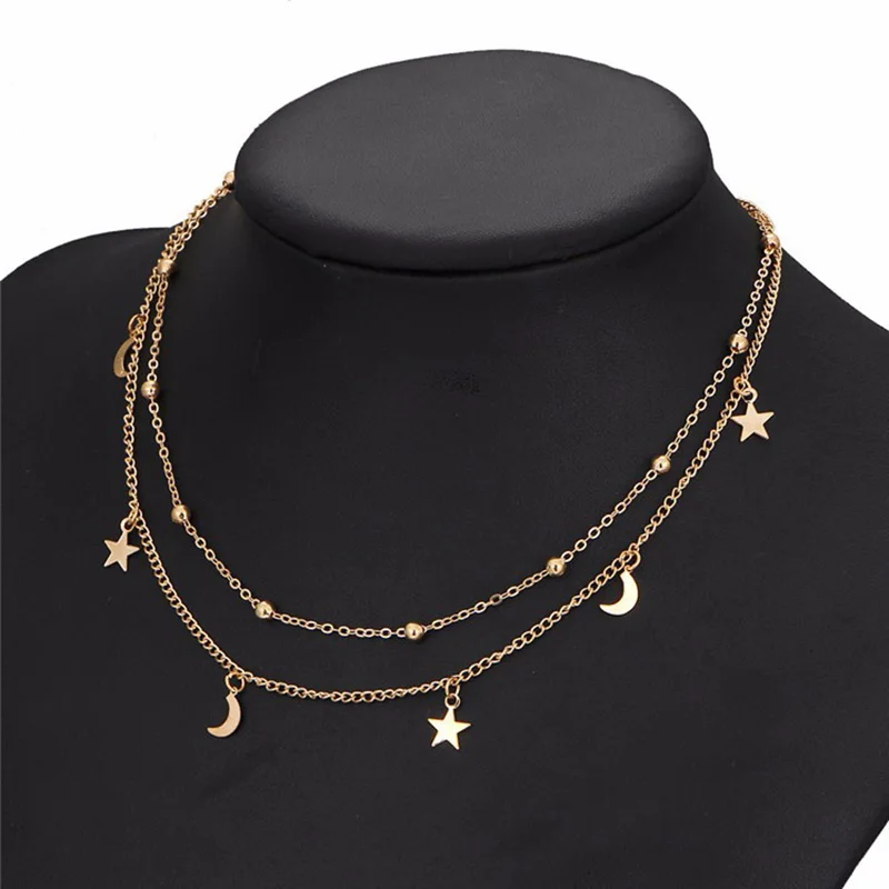Женское Двухслойное ожерелье чокер с подвеской в виде звезды и Луны|charm choker|choker