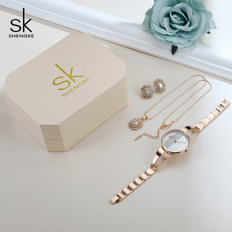 Женские кварцевые часы Shengke розовое золото креативные серьги ожерелье 2019 SK