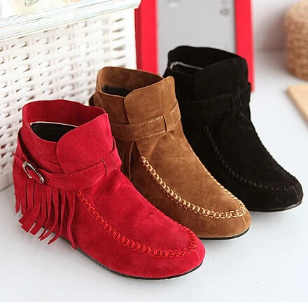 2015 New Free Shipping Fashion Women's Simple Designed Vogue All Match Metal Decorated Round Toe Fringe Suede Shoes Black | Обувь