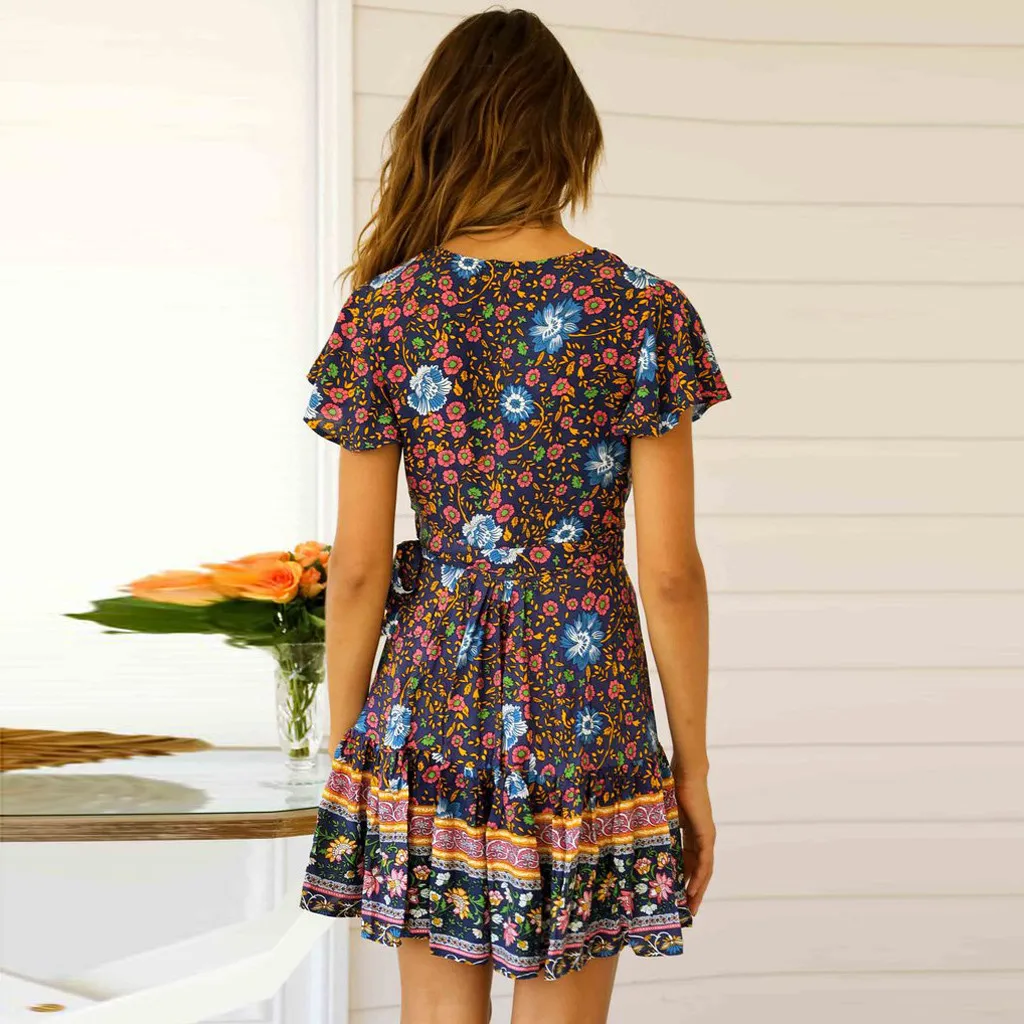 Womens Sexy Casual High Waist Bohemia Print V Neck National Style Midi Dress W612 | Женская одежда