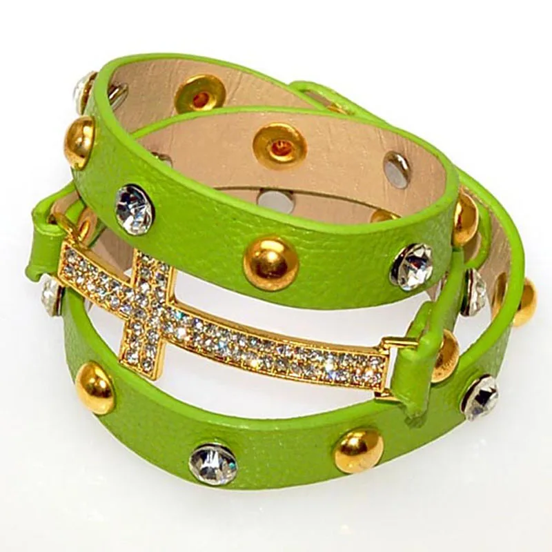 Женский кожаный браслет с двойной обмоткой фианитами|leather charm bracelet|charm braceletbracelet with