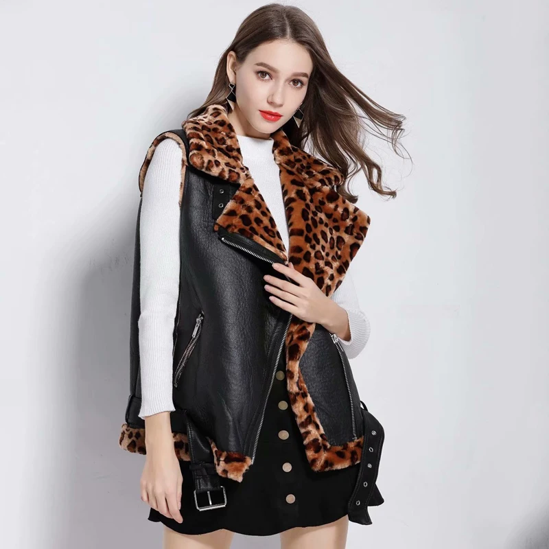 Fitaylor Autumn Winter Turn-down Collar Vest Faux Soft Leather Lambs Jacket Coat Women Leopard Print Black Punk Bomber Outerwear | Женская